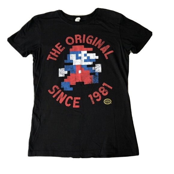 NINTENDO Womens  8-Bit Mario Man 1981 Black Short Sleeve T-Shirt Sz L - Picture 1 of 8